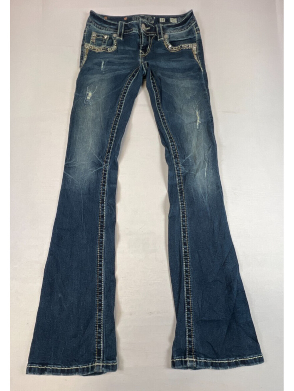 Miss Me Womens 24 Blue Signature Bootcut Denim Jeans Crystal Embellished Pockets